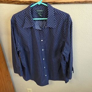 Lauren Ralph Lauren Navy Polka Dot  Button 3/4 Sleeve Shirt No Iron 3X Plus Size